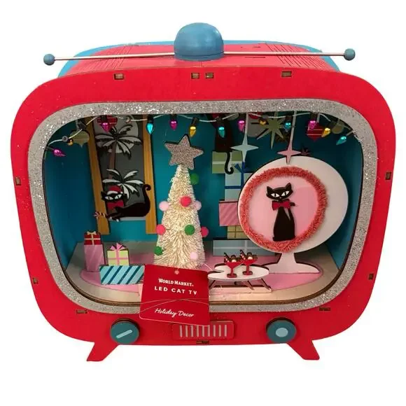 Mid-Century Modern Atomic Cat TV Set Light Up Christmas Decor Laser Cut Wood NEW - Picture 4 of 5